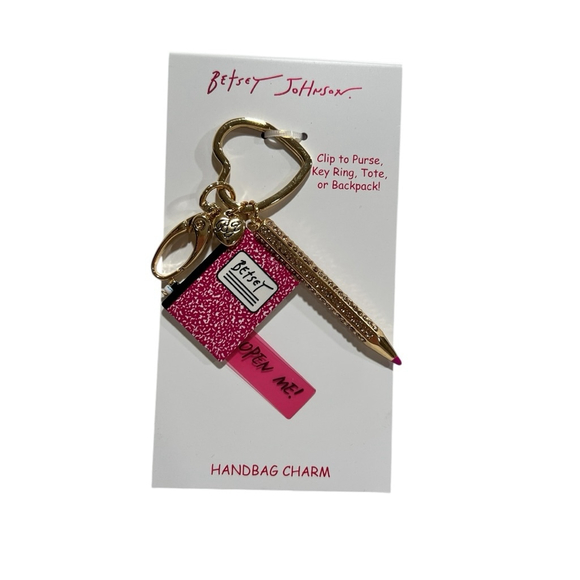 Betsey Johnson Gold Hot Pink Notebook and Pencil Key Chain Fob Bag Charm NWT - Picture 2 of 4
